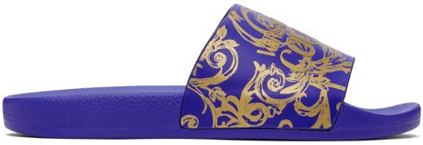 Blue Gold Baroque Logo Slides By Versace Jeans Couture On Sale