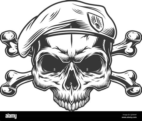 Soldier Skull Without Jaw In Beret With Crossbones In Vintage