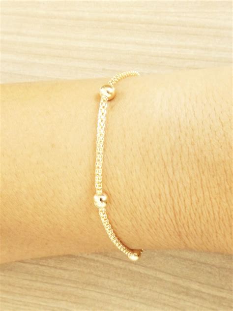 Pulseira Feminina Ajust Vel Malha Bolinhas Folheada Ouro