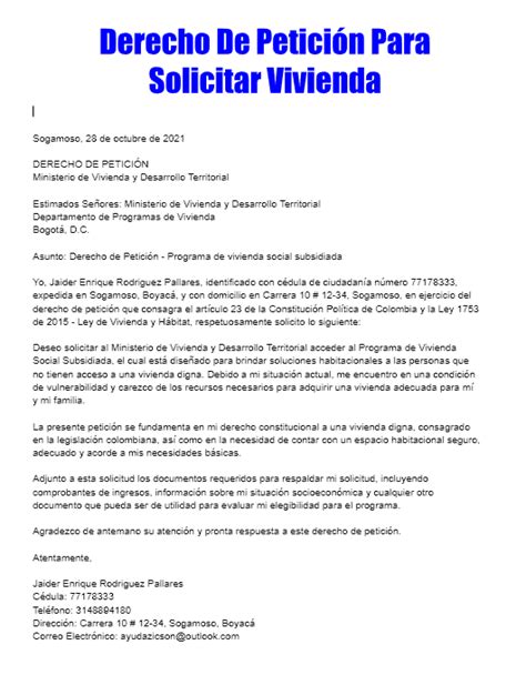 Ejemplo Derecho De Petición Para Solicitar Vivienda TramitaloYa co