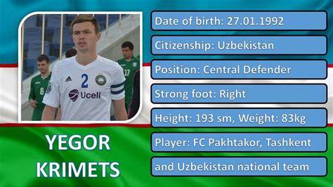 The Best Central Defender Yegor Krimets Player FC Pakhtakor And