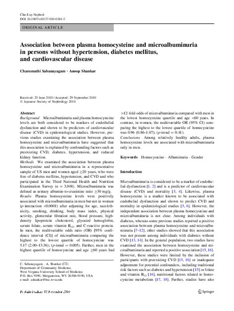 Pdf Plasma Homocysteine Levels And Microalbuminuria Association