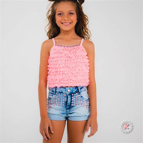 Conjunto Blusa Babados Short Jeans Kukixo Moda Infantil