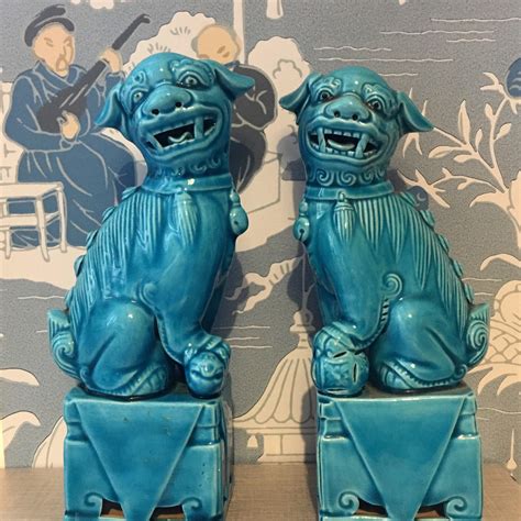 Pair Of Turquoise Foo Dogs Ornaments Etsy Uk