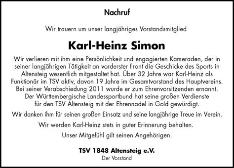 Traueranzeigen Von Karl Heinz Simon Schwarzw Lder Bote Trauer