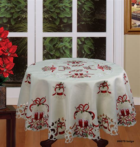 Holiday Christmas Embroidered Poinsettia Bell Candle Tablecloth