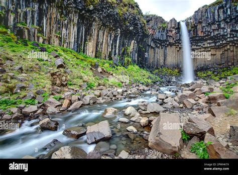 svartifoss waterfall   basalt columns  iceland stock photo