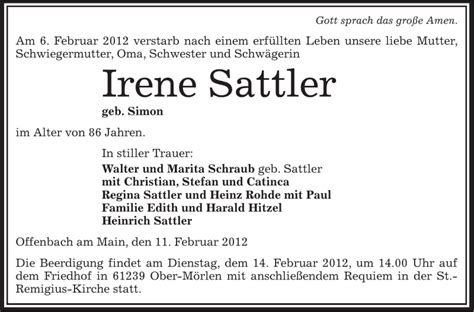 Traueranzeigen Von Irene Sattler Trauer Op Online De