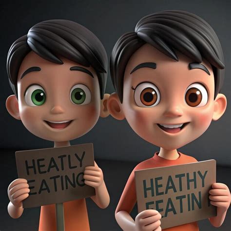 Two Cartoon Characters Holding A Sign That Says Healthy Eating