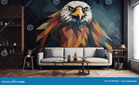 Living Living Room with Full Wall Geometric Eagle Interior Design. Generative AI Stock ...