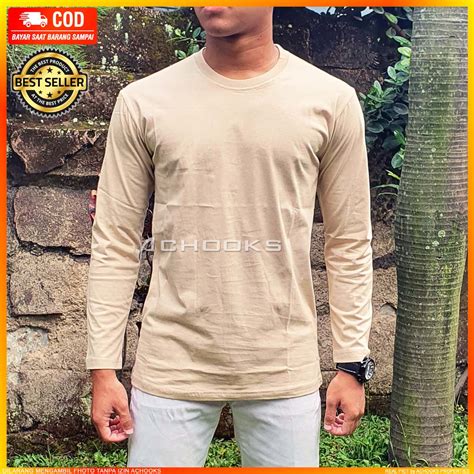 ACHOOKS Kaos Oblong Pria Kekinian Lengan Panjang Katun Warna Coklat