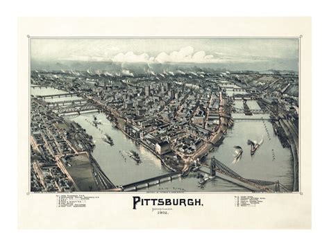 Map of Pittsburgh Pennsylvania Old Maps and Prints Vintage Wall Art Antique Birds Eye City Map ...