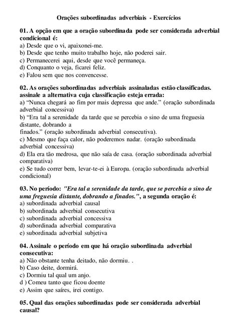 Orações Subordinadas Adverbiais Exercicios Com Gabarito 9 Ano
