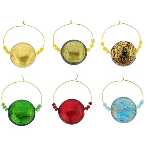 Murano Glass Wine Charms | Murano Glass Ca D`Oro Disk Wine Glass Charms Set of 6