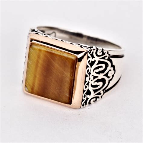 Mens Tigers Eye Ring Engraved Sterling Silver Brown Tiger Etsy