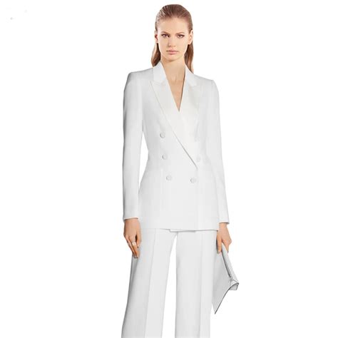 Work Fashion Pant Suits 2 Piece Set For Women Double Breasted White