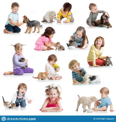 Set Of Children With Pets Dogs Cats Rat Stock Image Image Of Happy