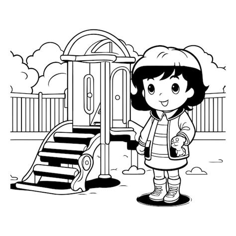 Premium Vector | Girl playing on the playground black and white vector ...