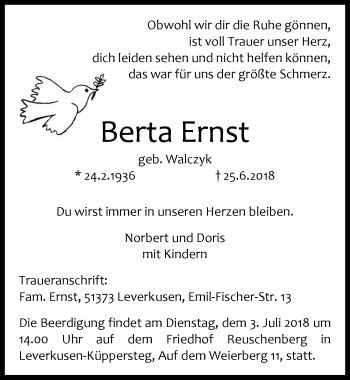 Traueranzeigen Von Berta Ernst WirTrauern