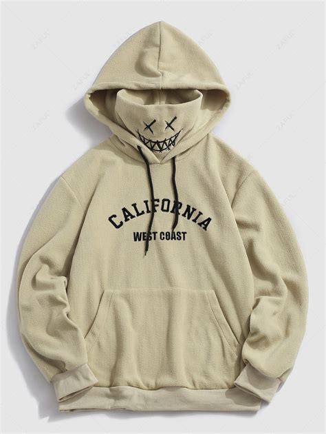 ZAFUL Letter Vintage Graphic Embroidered Fleece Mask Hoodie In KHAKI ...