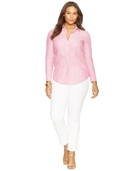 Lyst Lauren By Ralph Lauren Plus Size Linen Striped Shirt In Pink