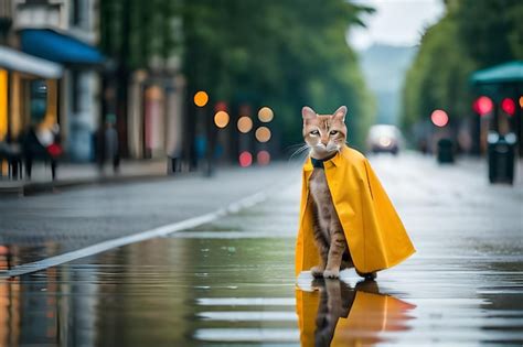 Um gato uma capa de chuva amarela está andando por uma rua molhada