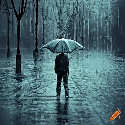 A Lonely Man In The Rain With An Umbrella