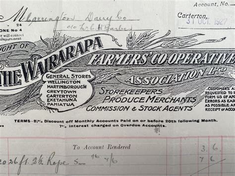 Old Invoice Receipt The Wairarapa Farmers Co Operative Association 1927