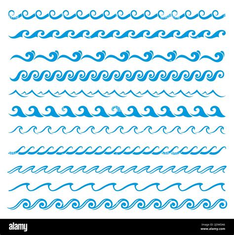 Sea And Ocean Surf Wave Line Blue Water Borders Vector Dividers With