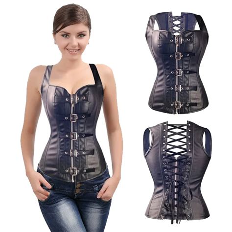 Black Leather Corset Steampunk Gothic Clothing Waist Trainer Overbust