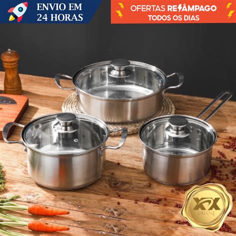 Jogo de Panela c 3 peças Fundo triplo aço inox tampa de vidro