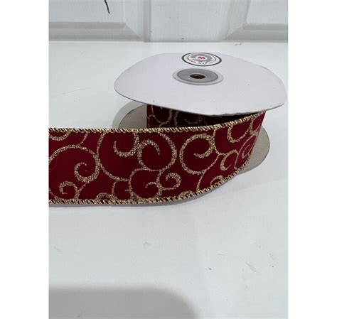 Cm Wide Maroon Velvet Ribbon With Metallic Gold Swirls Ribbon Has A