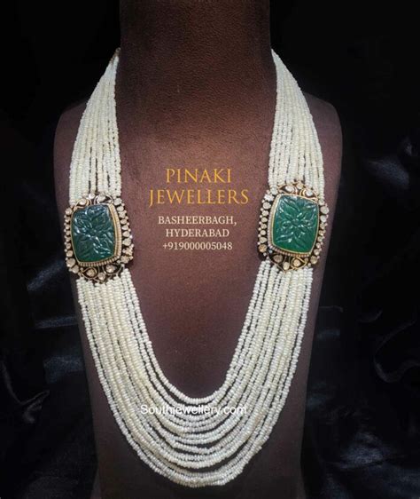 Multi Strand Pearl Haram With Polki Emerald Side Pendants Indian