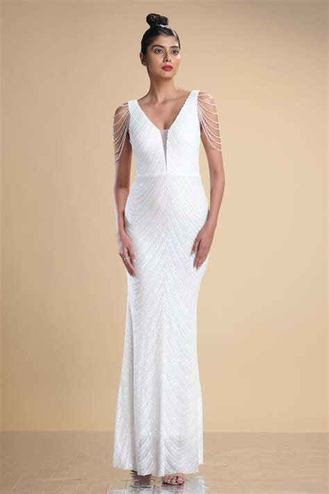 Buy White Lycra Stretch Net Embroidered Sequins Graphic Pattern Gown