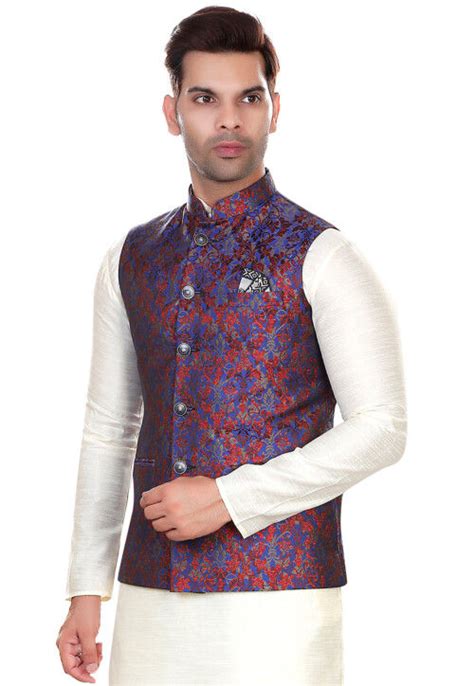 Buy Woven Art Silk Jacquard Nehru Jacket In Navy Blue Online Mhg2326