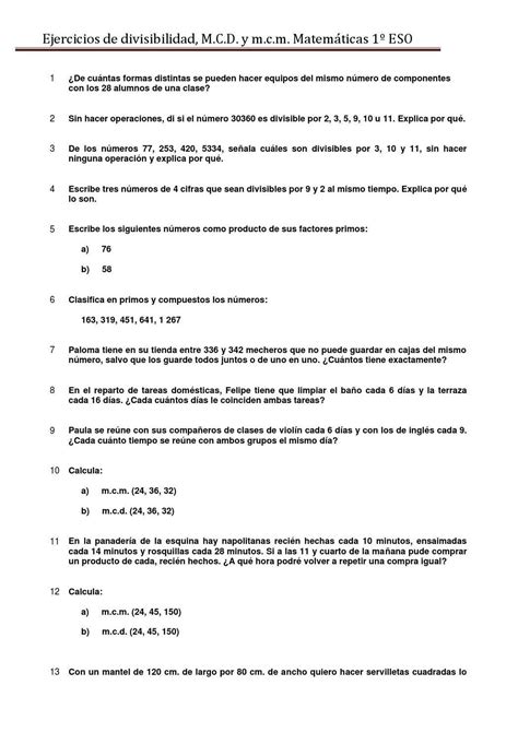 Ejercicios De Divisibilidad Mcd Y Mcm Sin Soluciones Artofit