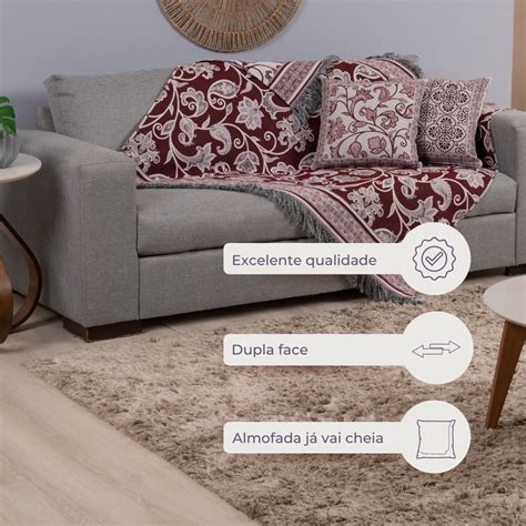 Kit Xale e Almofadas Decorativa Grécia Jacquard Dupla Face 05 Peças