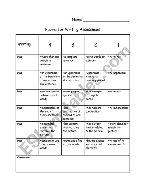 Writing Rubric ESL Worksheet By BurrisAJ