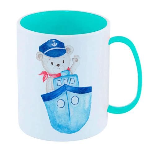 Caneca de Polímero Plástico Inquebrável Infantil Azul Ursinho