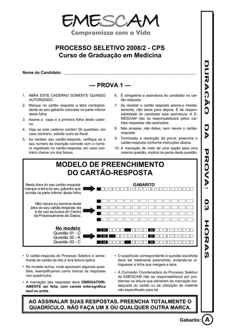 modelo de preenchimento do cartão resposta Emescam