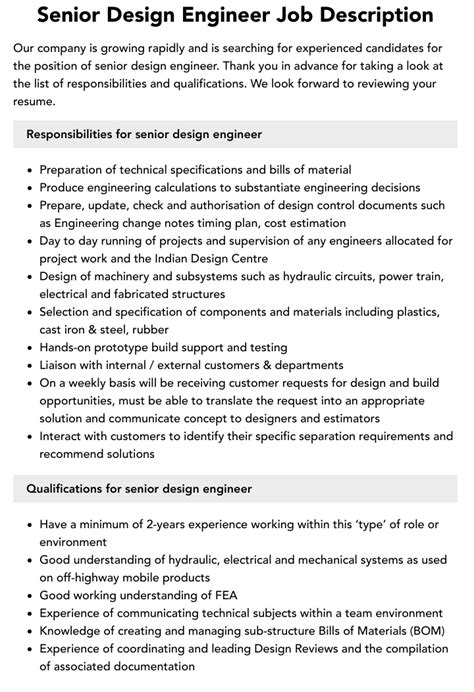 Senior Design Engineer Job Description Velvet Jobs