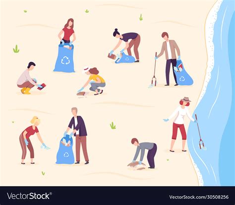 People Collecting Trash Into Plastic Bags Vector Image