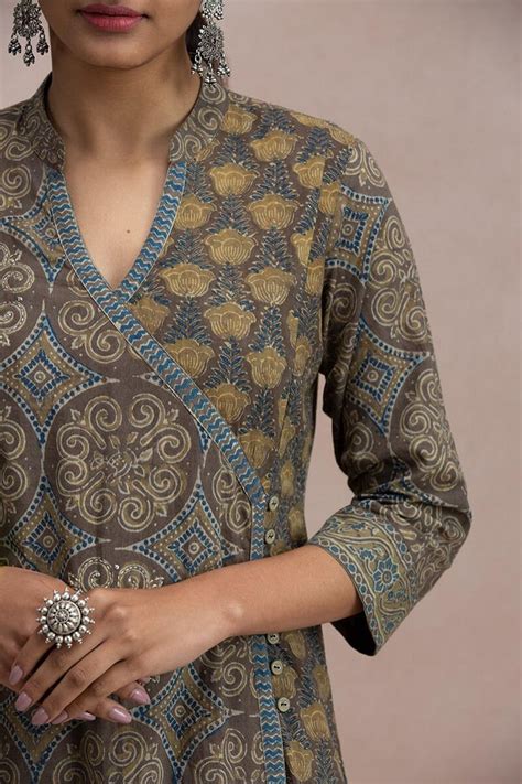 Buy Brown Block Printed Angrakha Cotton Kurta For Women Fgmk20 52