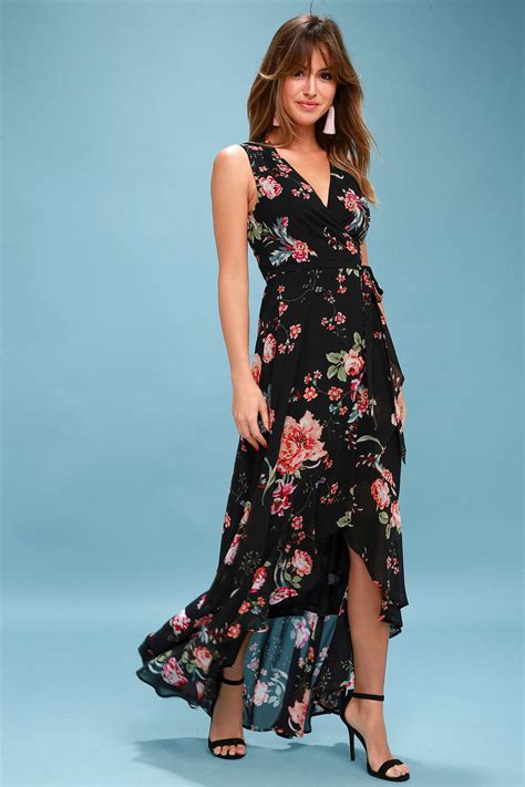 Cute Black Dress Floral Print Dress Wrap Maxi Dress Lulus