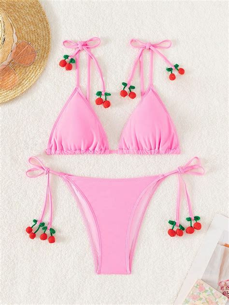 SHEIN Swim Mod Conjunto De Bikini Con Tirantes Decorados Con Cerezas