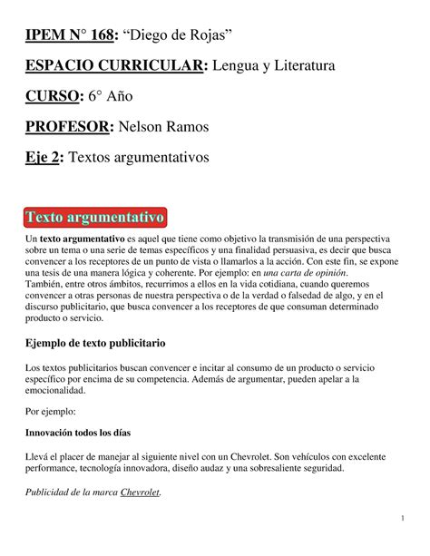 Eje 2 Textos Argumentativos Ipem N° 168 “diego De Rojas” Espacio Curricular Lengua Y