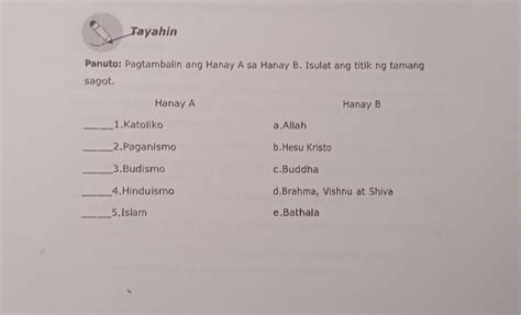 Gawain Panuto Pagtambalin Ang Mga Ideya Sa Hanay A At Hanay B Isulat