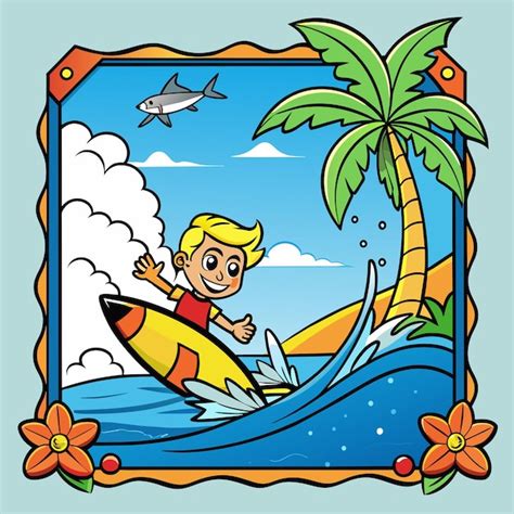 Um Desenho De Desenho Animado De Um Homem Surfando No Oceano Vetor