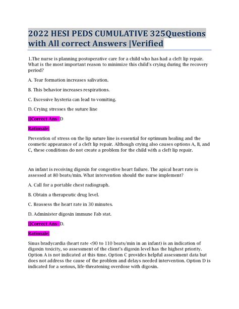 2022 Hesi Peds Cumulative 325questions With All Correct Answers