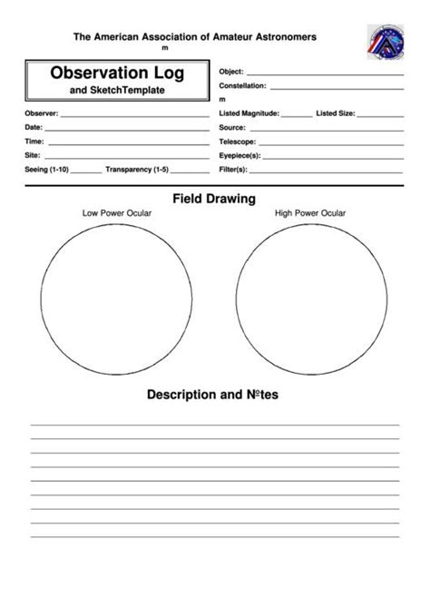 Astronomy Observation Log And Field Drawing Printable Pdf Free